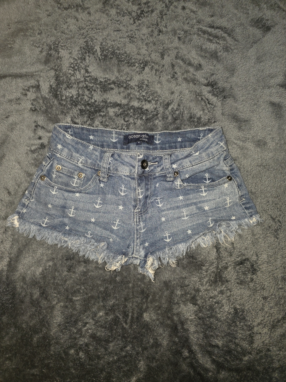 Ocean Drive Light Blue Anchor-Print Denim Cutoff Shorts